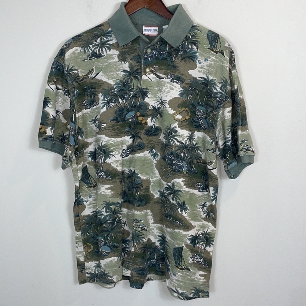 Bugle Boy tropical camouflage inspired printed golf polo shirt men size medium